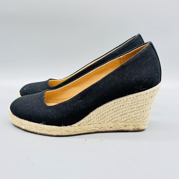 J Crew Shoes Womens 7 Black Espadrille Wedge Slip On Canvas Platform Summer NEW - Picture 4 of 11